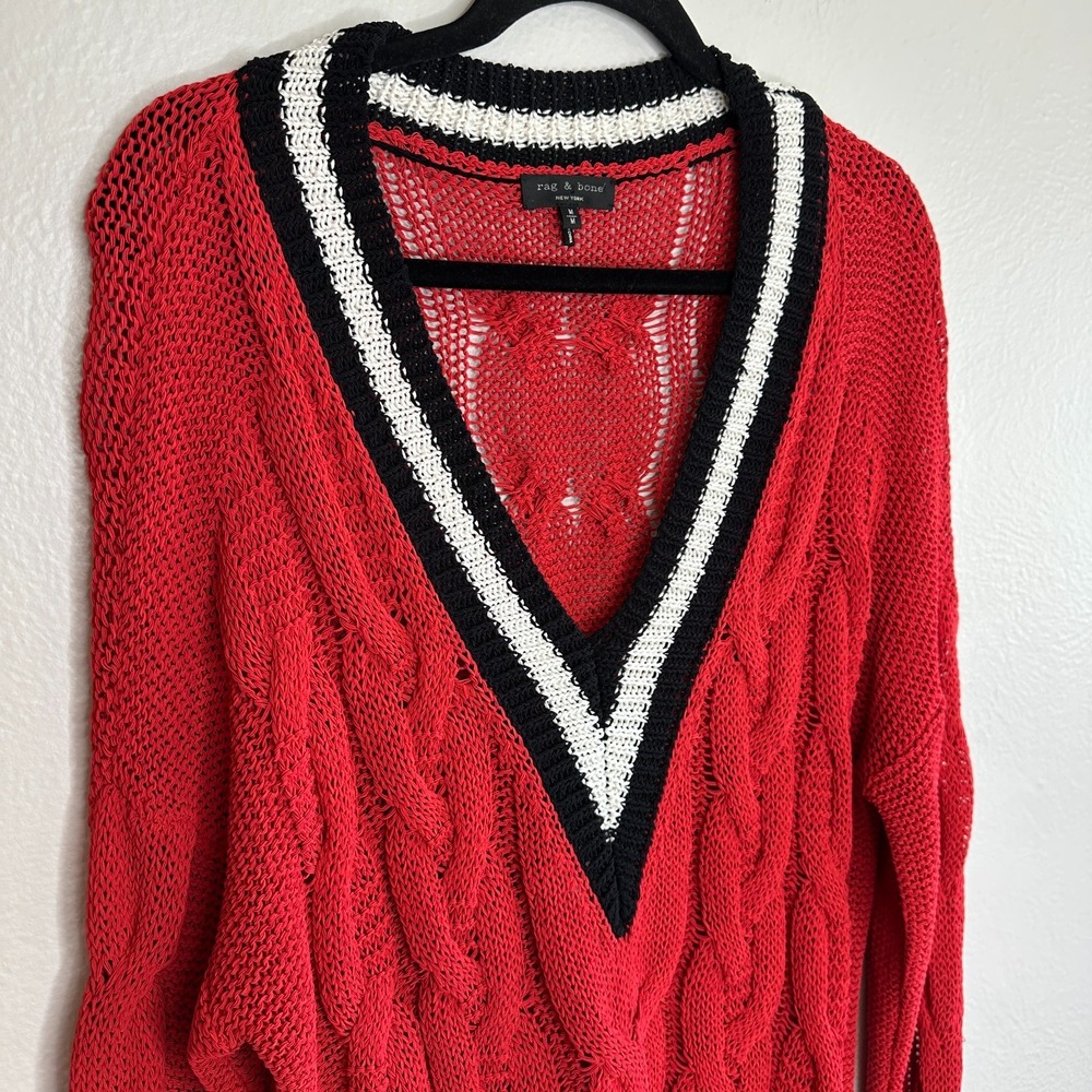 Rag & Bone Red Open Knit Cable Varsity V-Neck Sweater Mens Medium Striped Trim - Picture 8 of 8